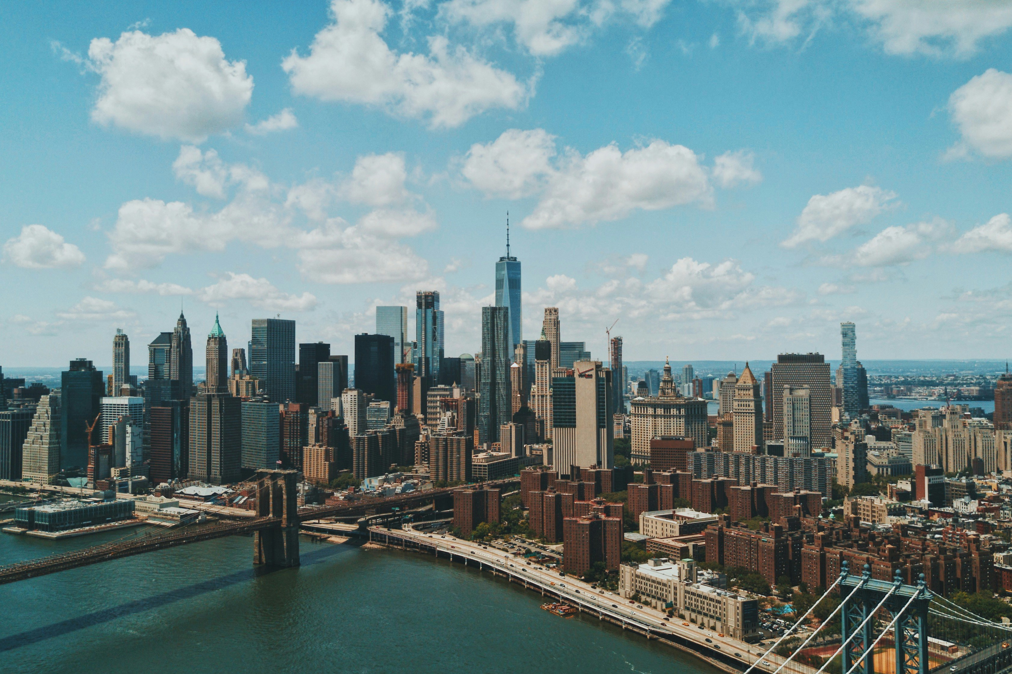 Aerial view of the Manhattan skyline and the East River bridges