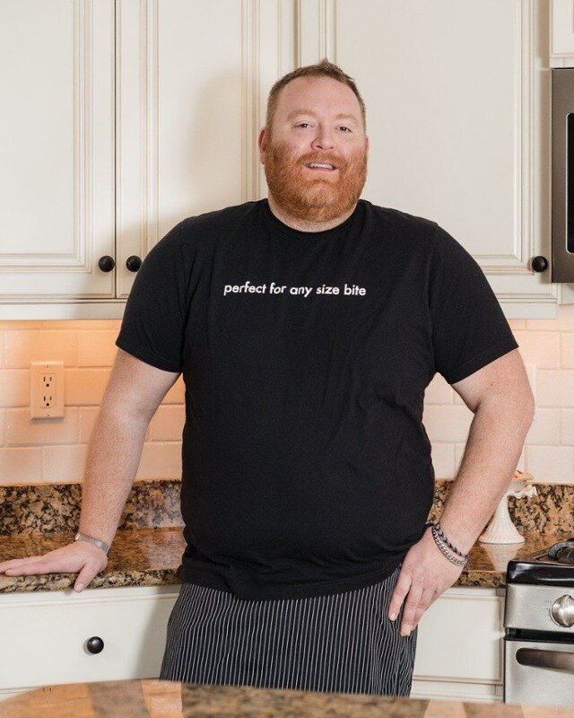 Chef Alan Fucci in a Tiny Spoon Chef T-shirt in a home kitchen