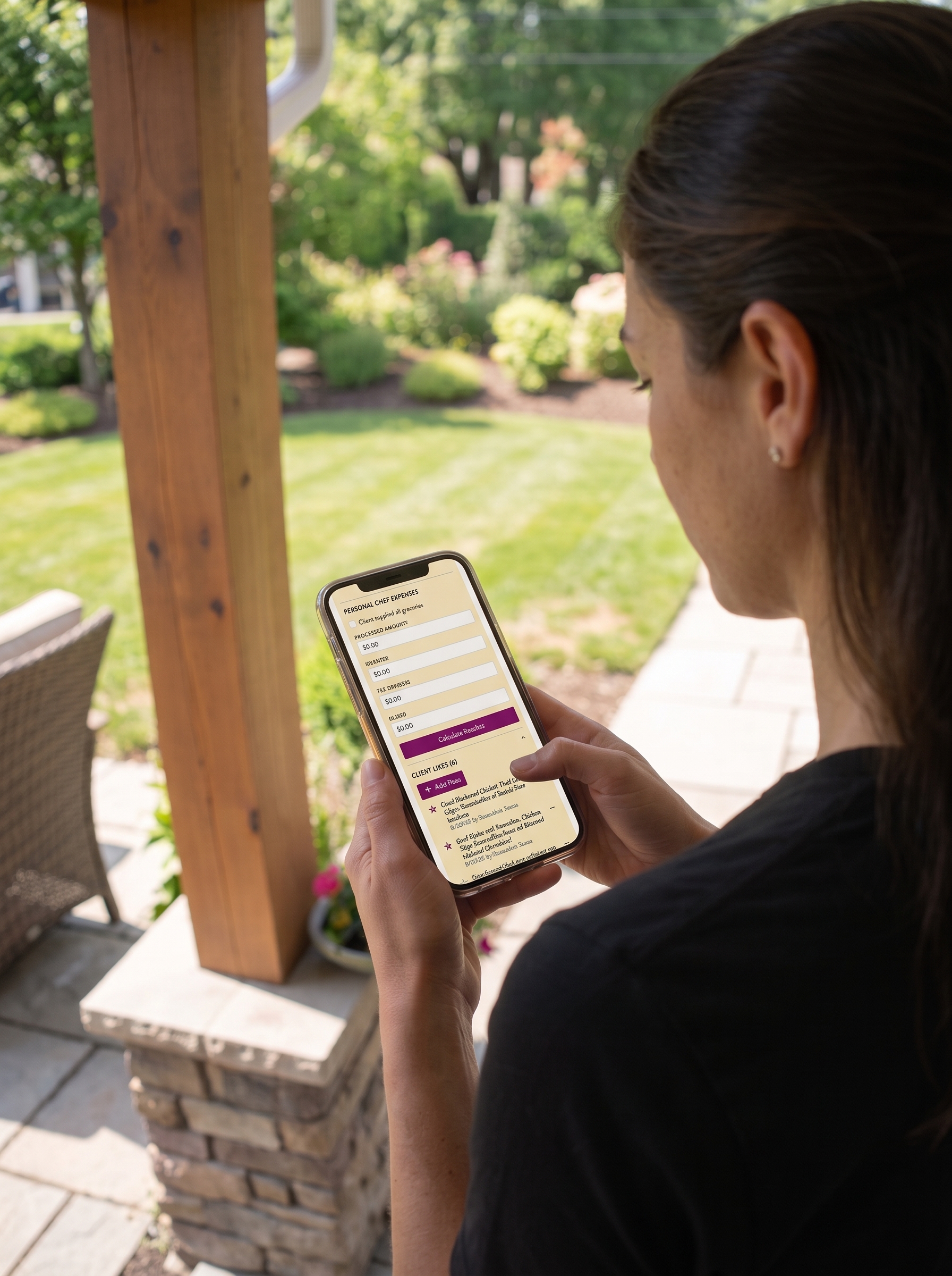 Chef checking the Tiny Spoon chef portal on a phone outdoors